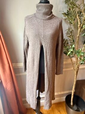 Ruti Cashmere Blend Longline Turtleneck Sweater Dress Slit Neutral XS